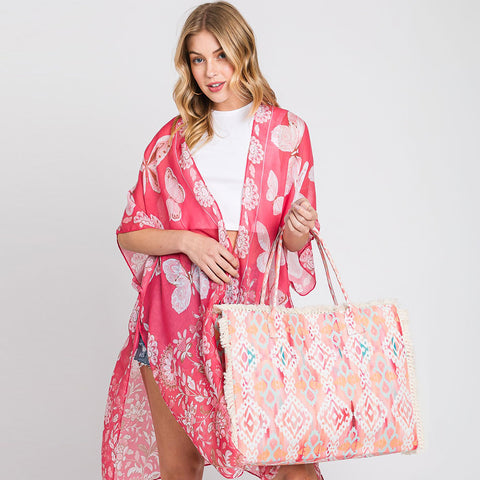 Boho Pattern Fringe Beach Bag - Coral