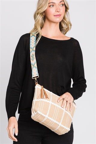 Taupe Checked Tassel Crossbody Bag