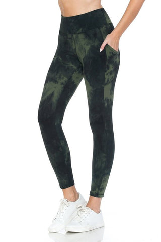 Lotus Athletics: Dark Green Tie-Dye Leggings With Pockets